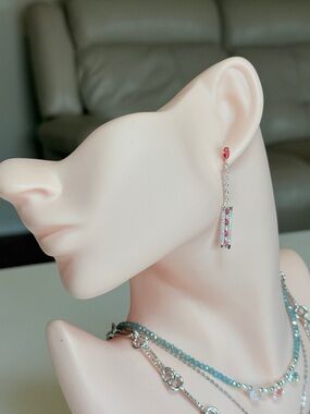 Silver Drop Earrings with Pink Stones